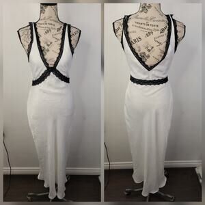 White Fox Lace Slip Maxi Dress Sz XS White Black Satin Bridal Ethereal